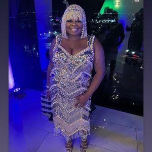 ASOS LUXE Curve embellished cami midi dress with draping jewels in blush